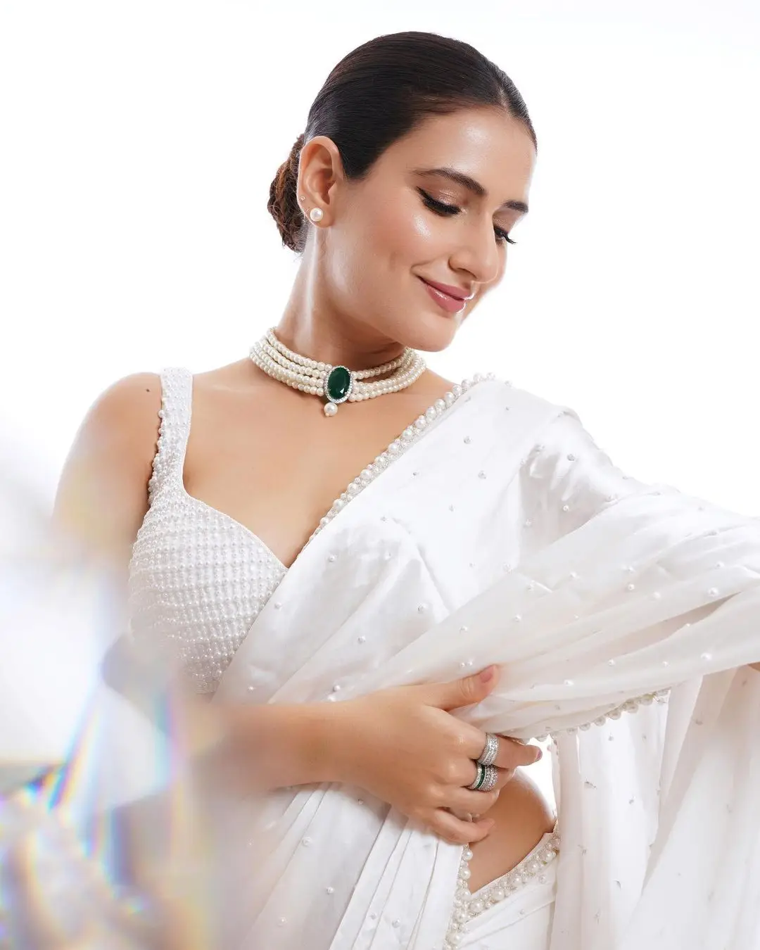 Fatima Sana Shaikh Stills in White Designer Saree Sleeveless Blouse